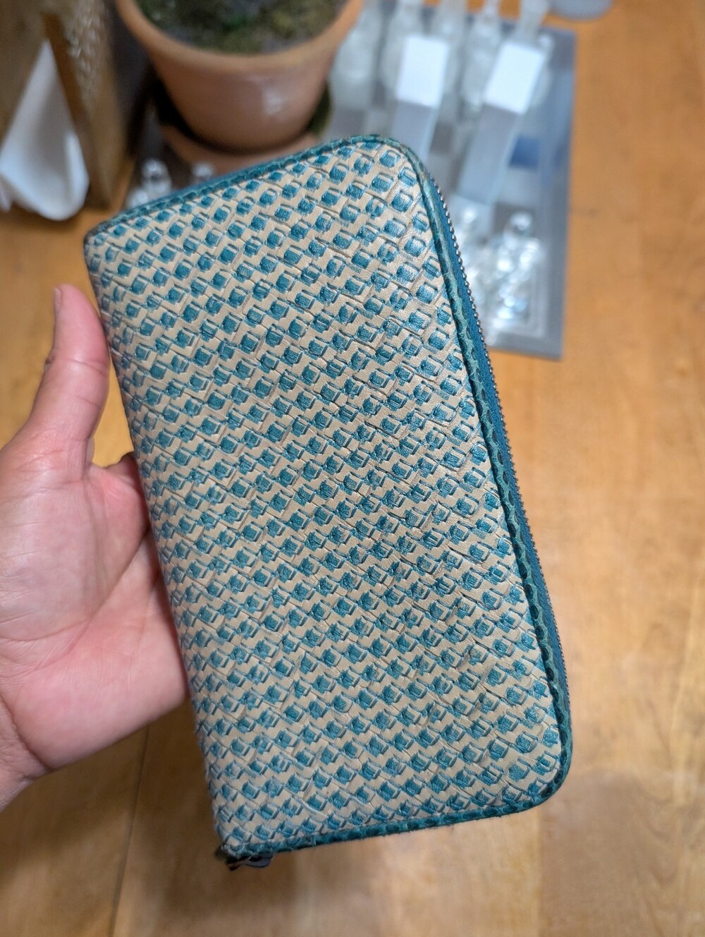 Bottega Veneta Beige and Teal Zip Wallet